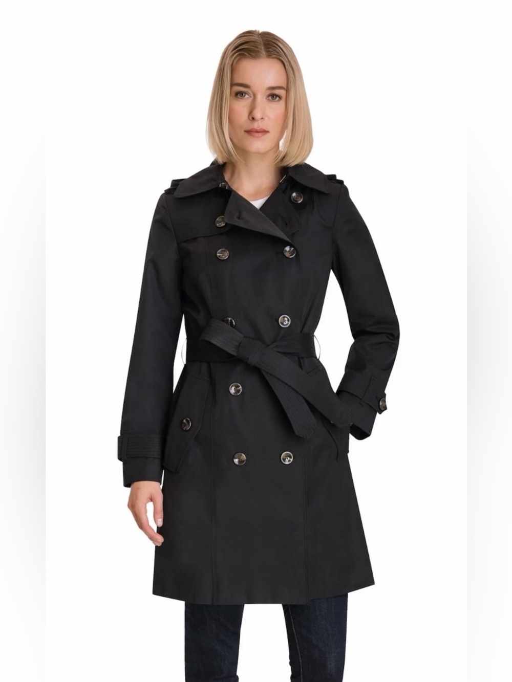 London Fog Black Double-Breasted Belted Trench Coat